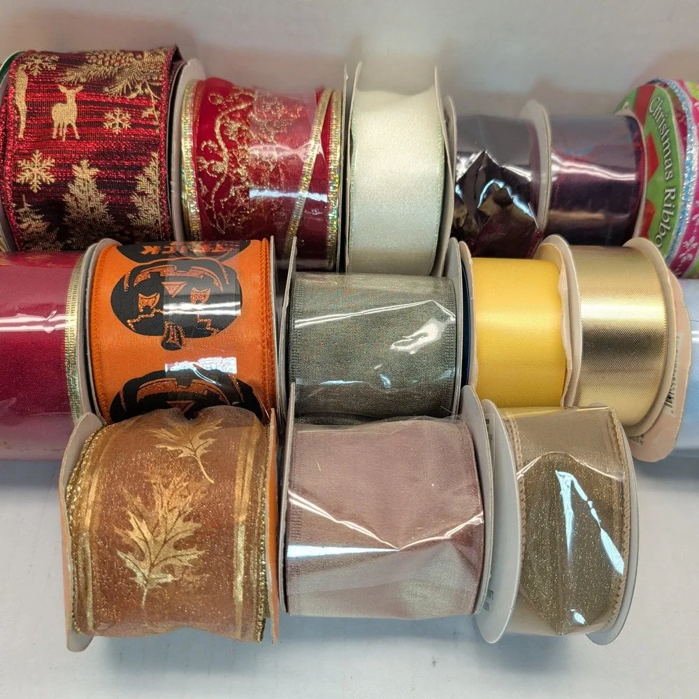 Mixed Lot Decorative Ribbon Spools Christmas Halloween Satin Wired Craft 18pc
